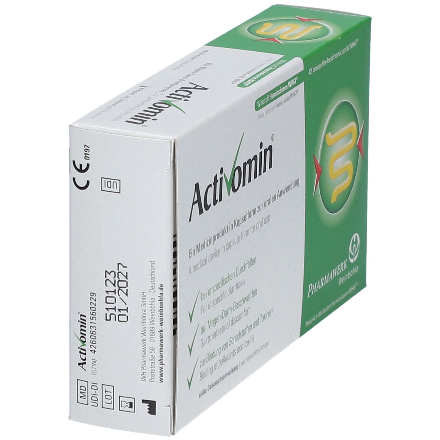 Activomin-Schachtel, grün-weiß. Schriftzug Activomin. Medizinprodukt in Kapselform. Pharmawerk Weinböhla.