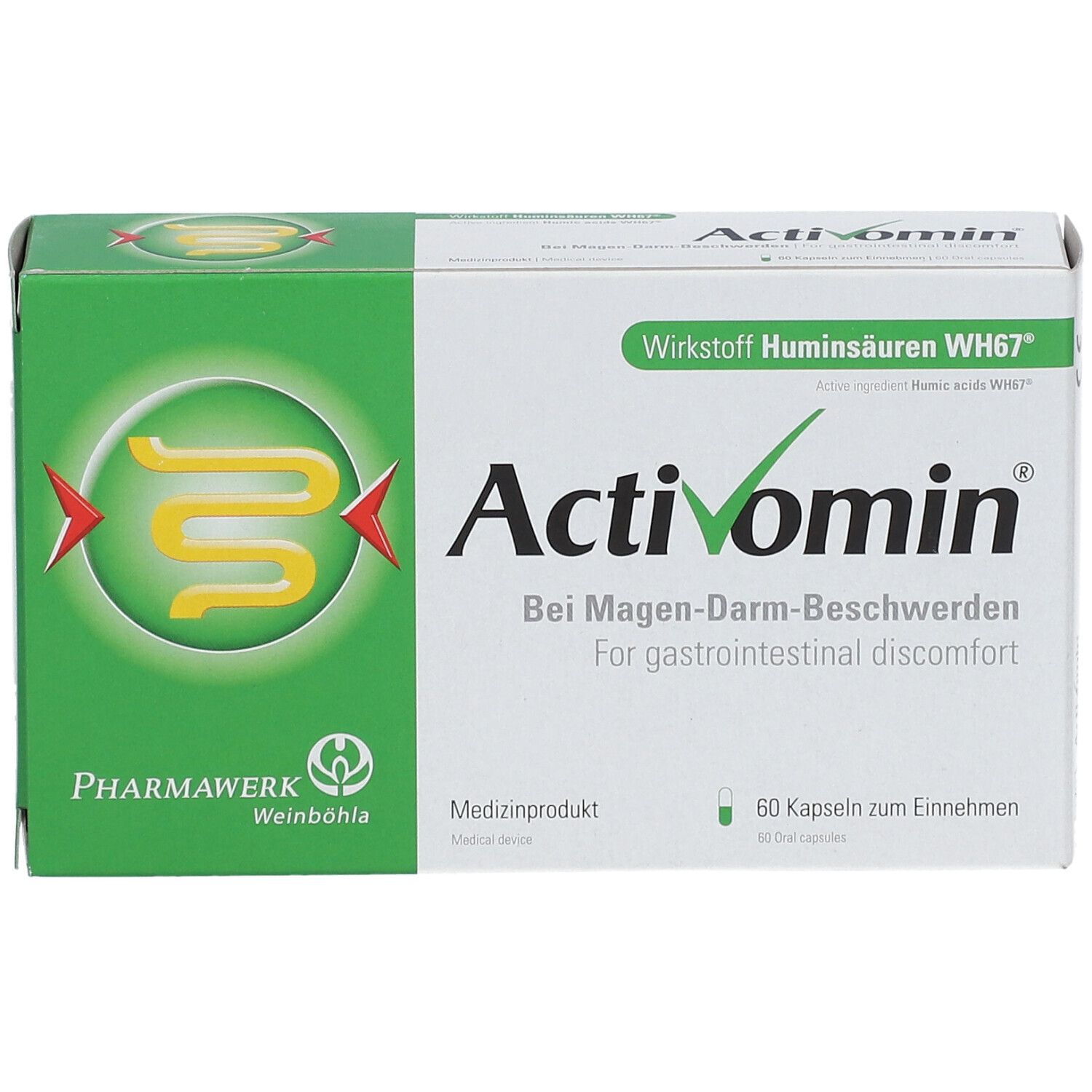 Activomin-Schachtel, grün-weiß. Schriftzug Activomin, bei Magen-Darm-Beschwerden. 60 Kapseln. Pharmawerk Weinböhla.