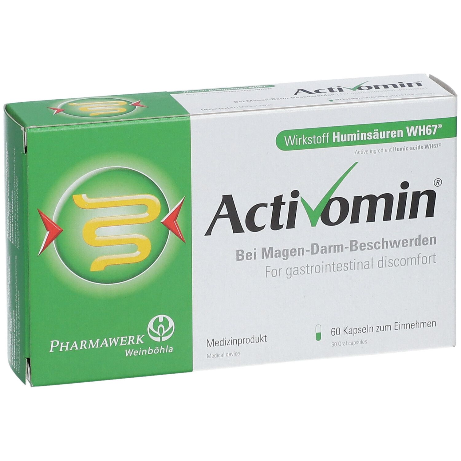 Activomin-Schachtel, grün-weiß. Schriftzug Activomin, bei Magen-Darm-Beschwerden. 60 Kapseln. Pharmawerk Weinböhla.