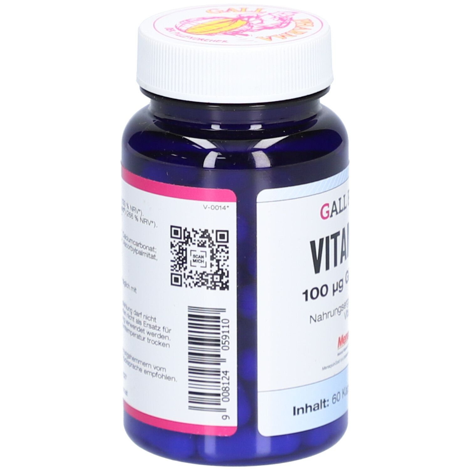 Blaue Flasche mit weißem Deckel. Aufschrift: Vitamin K2, 100 µg GPH Kapseln. Rückseite mit Text und QR-Code.