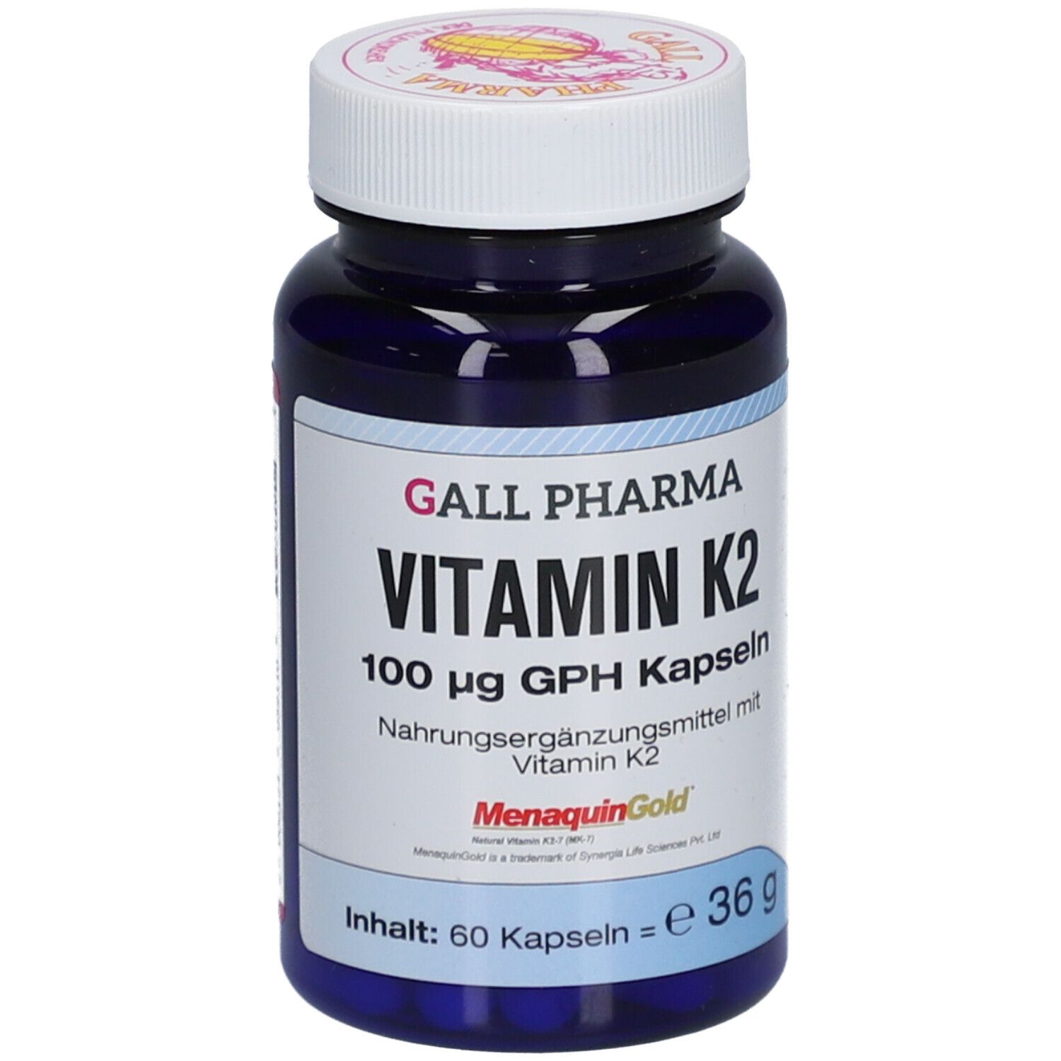 Blaue Flasche mit weißem Deckel. Aufschrift: Vitamin K2, 100 µg GPH Kapseln. Marke: Gall Pharma.