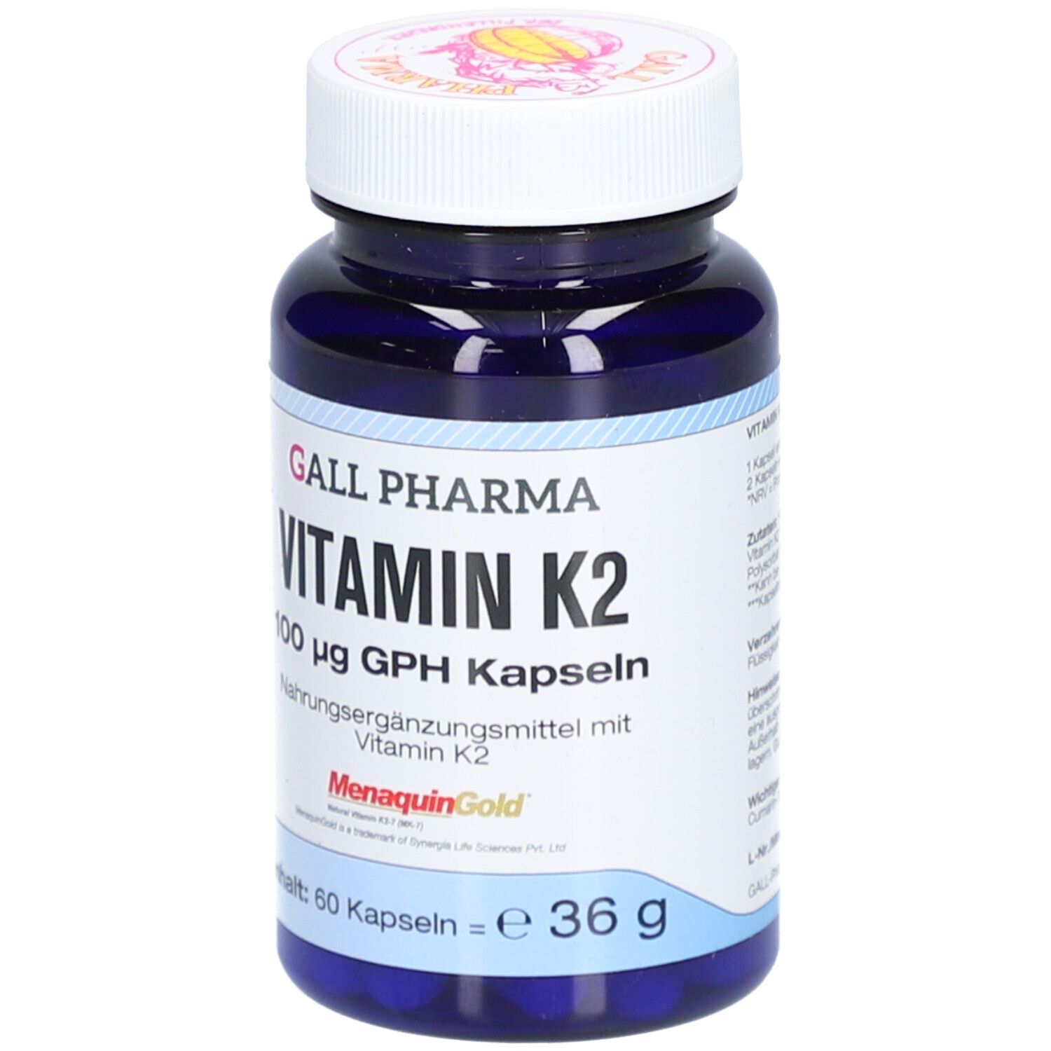 Blaue Flasche mit weißem Deckel. Aufschrift: Vitamin K2, 100 µg GPH Kapseln. Marke: Gall Pharma.