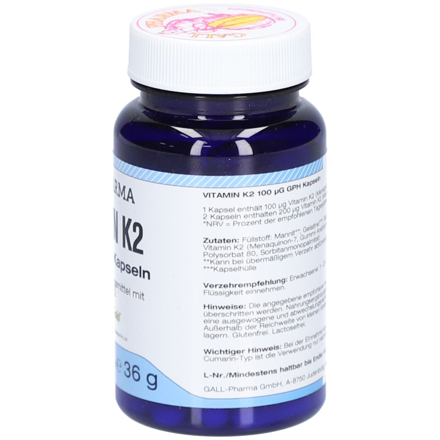 Blaue Flasche mit weißem Deckel. Aufschrift: Vitamin K2, 100 µg GPH Kapseln. Rückseite mit Text.