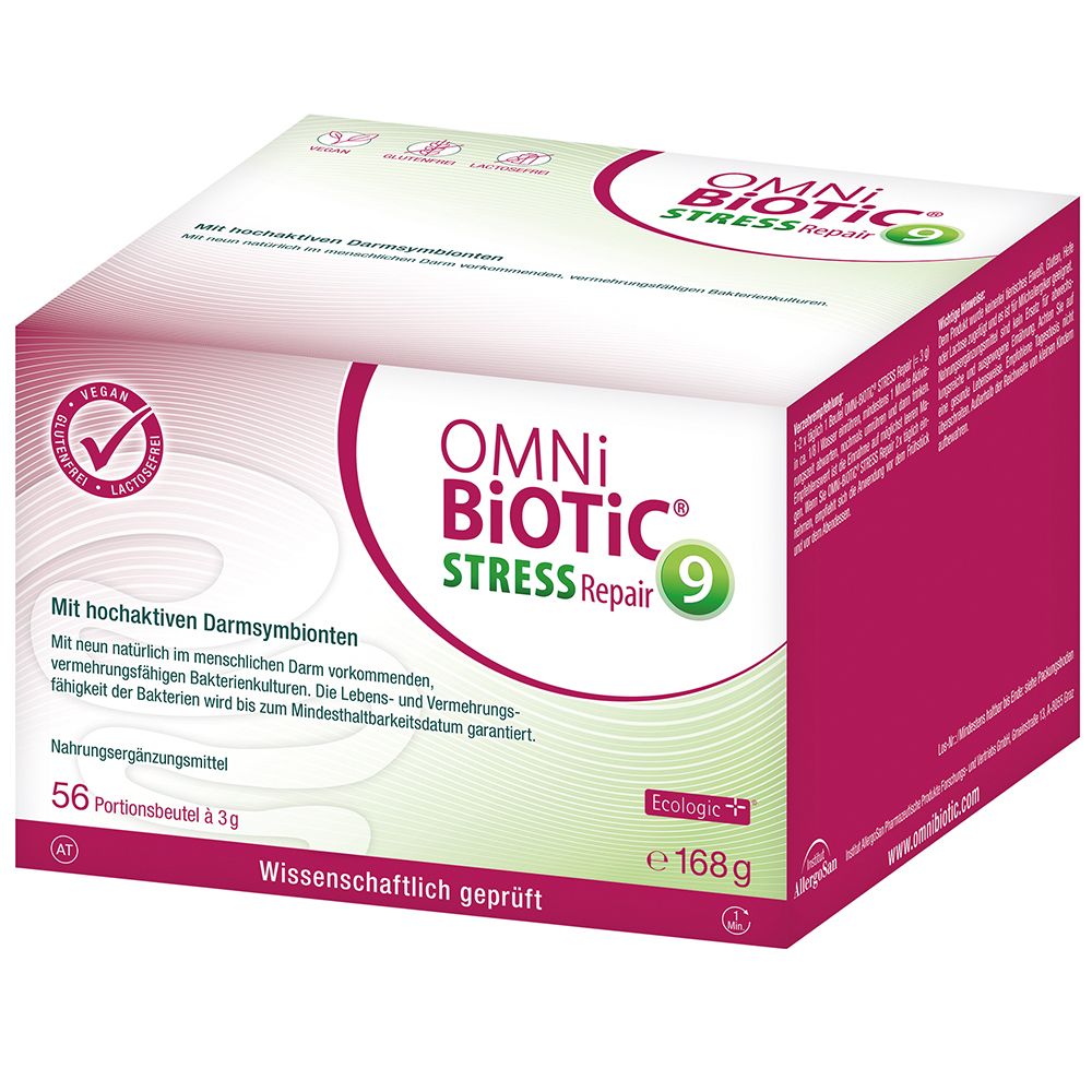 Karton OMNi BiOTiC Stress Repair 9. Vegan, laktosefrei. 56 Portionsbeutel. Wissenschaftlich geprüft.