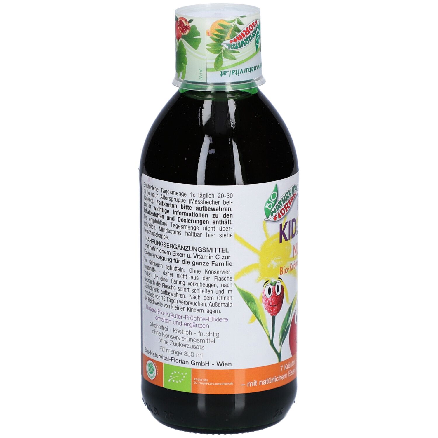 Rückseite der grünen Flasche FITONIC KID&FIT plus. Text mit Informationen und Inhaltsstoffen.