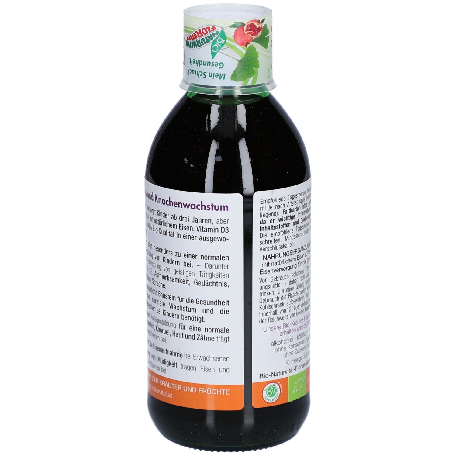 Rückseite der grünen Flasche FITONIC KID&FIT plus. Text über Knochenwachstum und Gesundheit.
