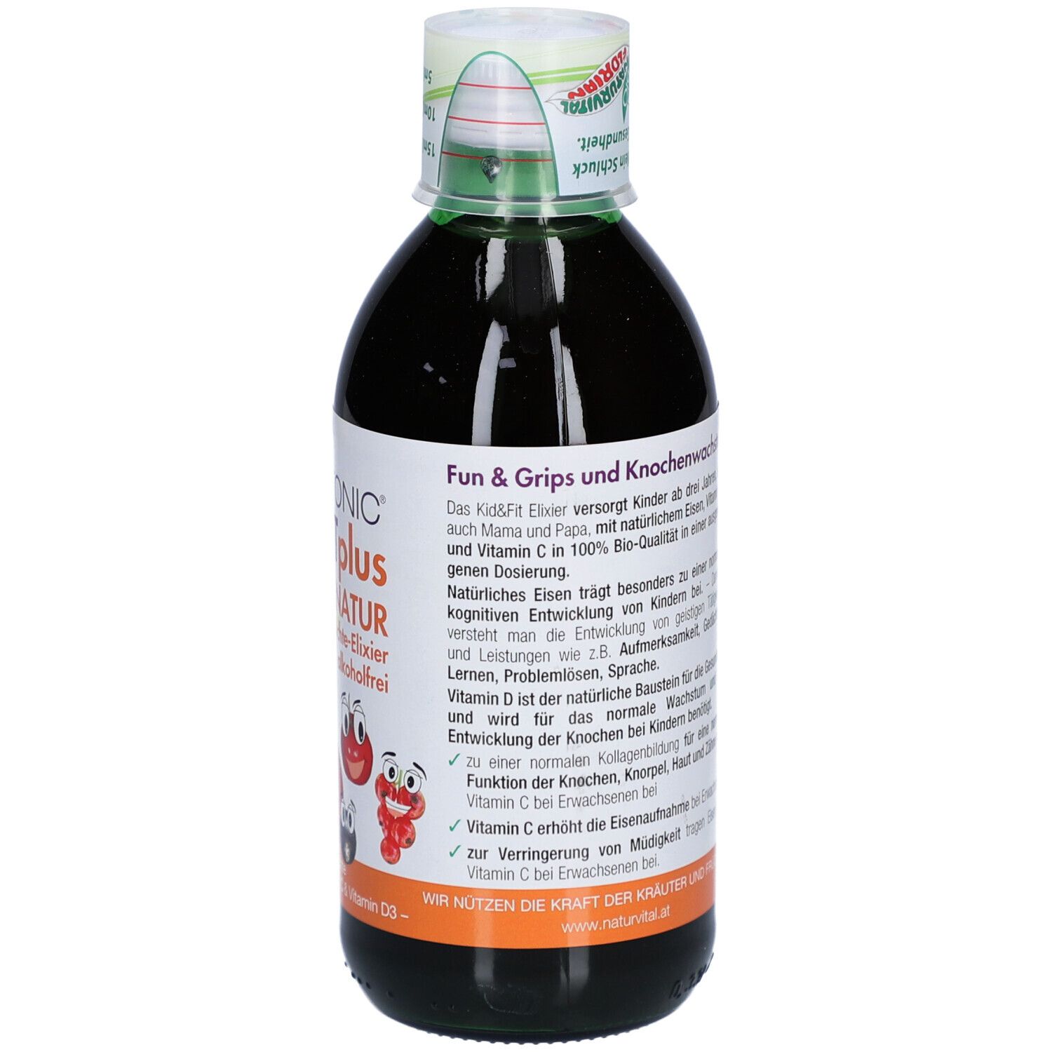 Rückseite der grünen Flasche FITONIC KID&FIT plus. Text über Fun & Grips und Knochen.