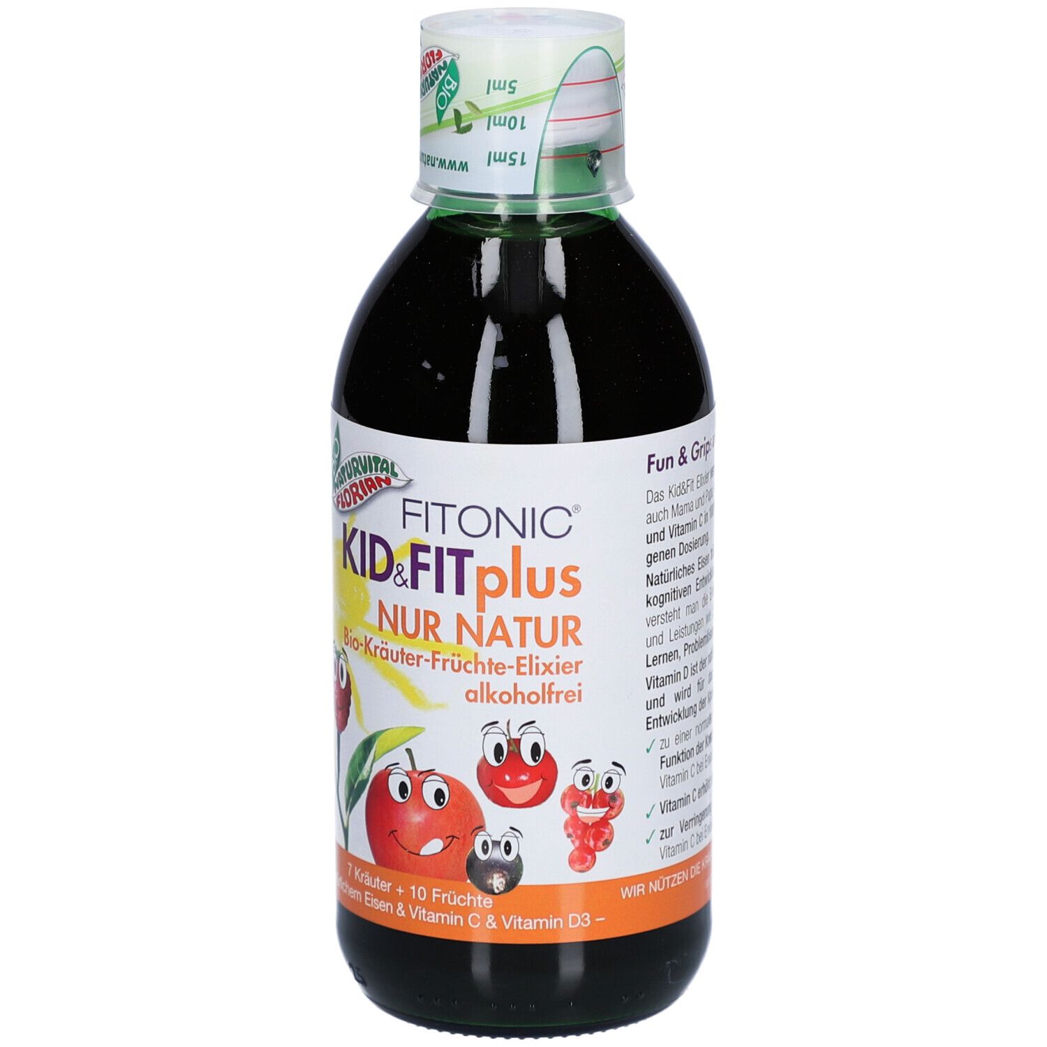 Grüne Flasche FITONIC KID&FIT plus. Aufkleber mit Früchten und Text. Deckel mit Aufdruck.