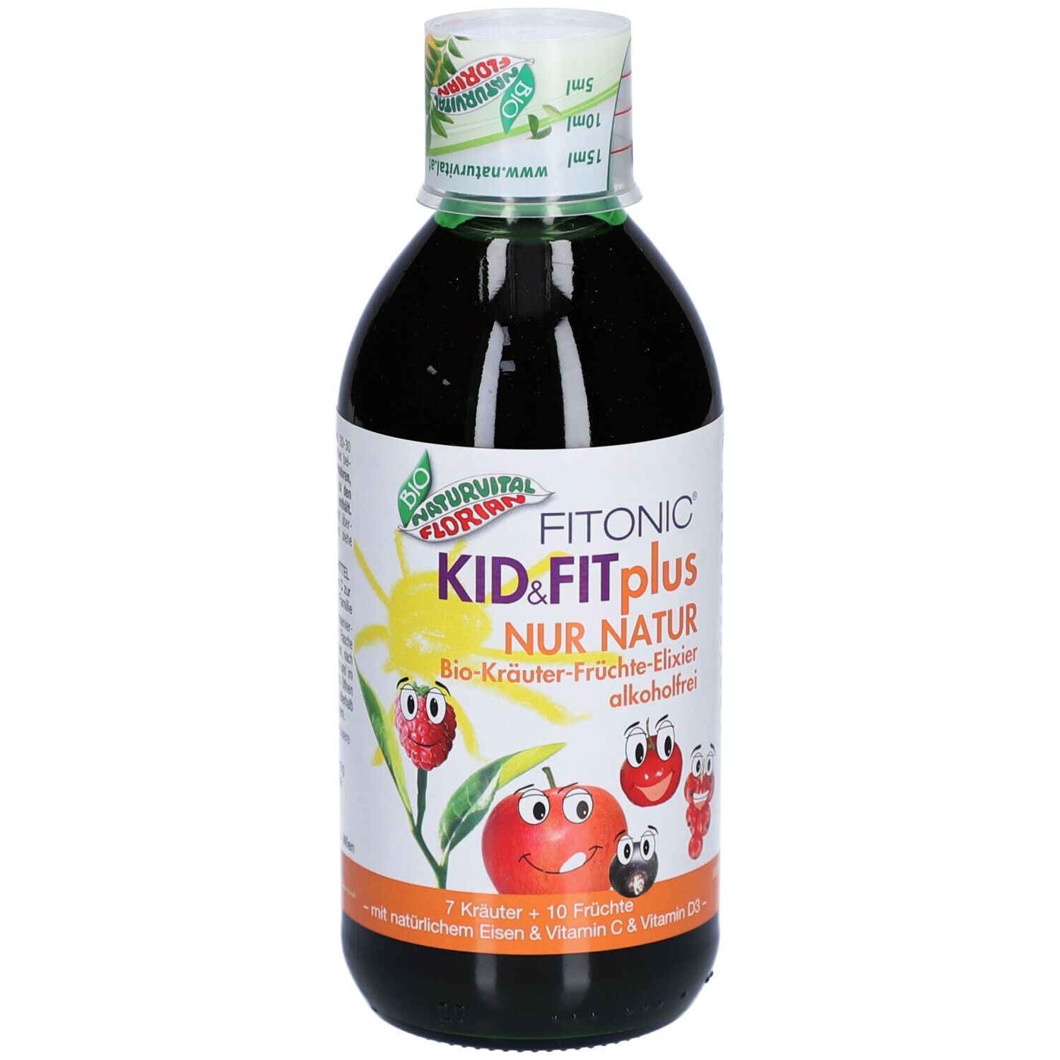 Grüne Flasche FITONIC KID&FIT plus. Aufkleber mit Früchten und Text. Deckel mit Aufdruck.