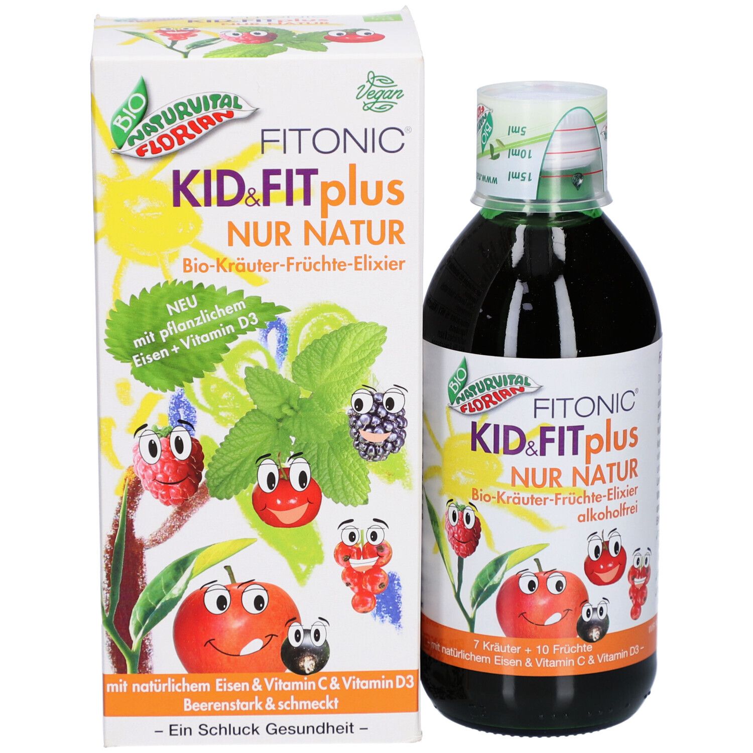 Flasche und Schachtel FITONIC KID&FIT plus. Schachtel mit Früchten und Text. Flasche daneben.
