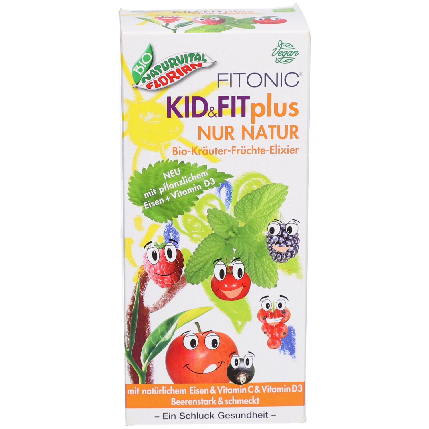 Schachtel FITONIC KID&FIT plus. Aufdruck mit Früchten, Text und Logo. Vegan-Kennzeichen.
