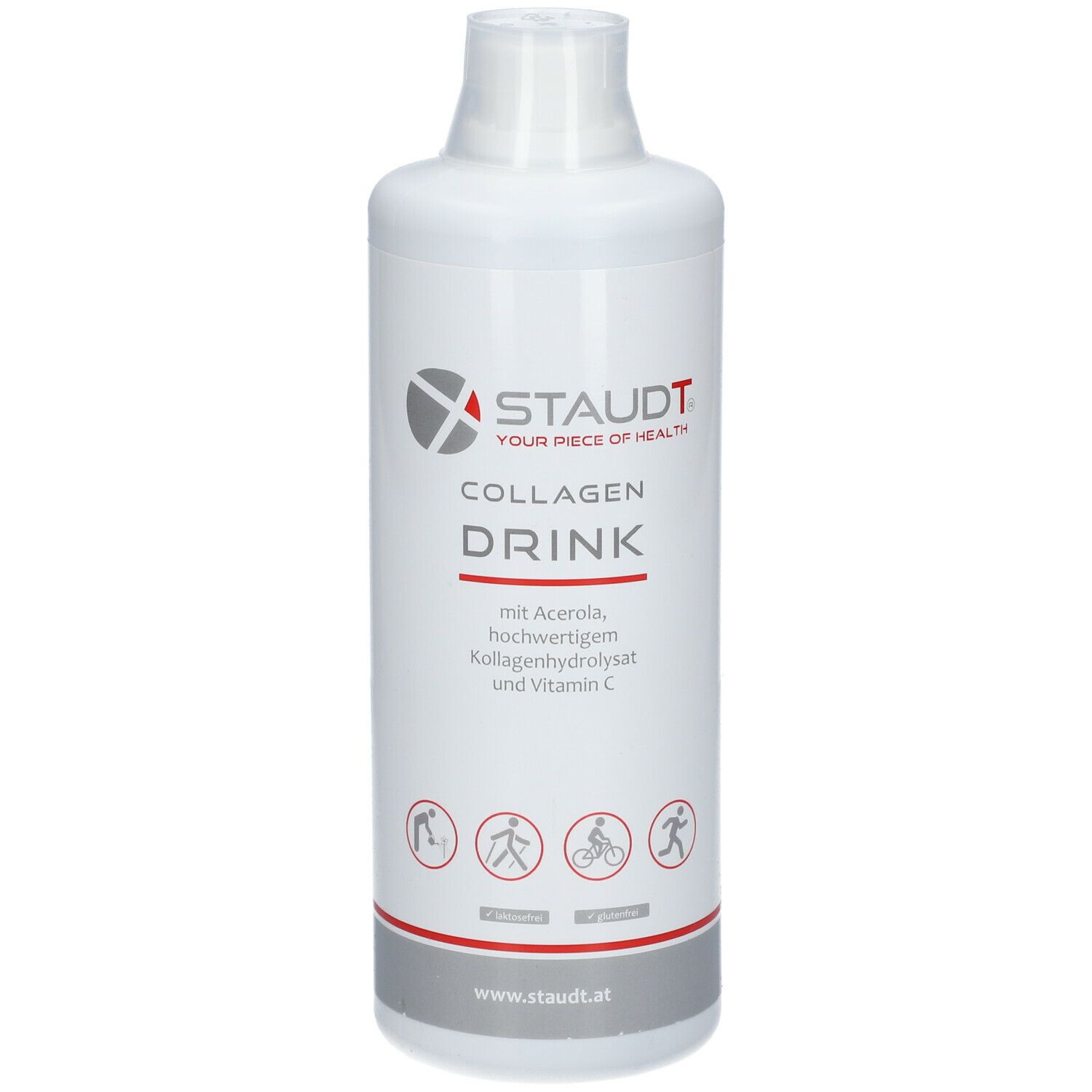 Weiße Flasche mit STAUDT Collagen Drink-Etikett. Enthält Acerola, Kollagenhydrolysat und Vitamin C. Symbole für Sportarten.