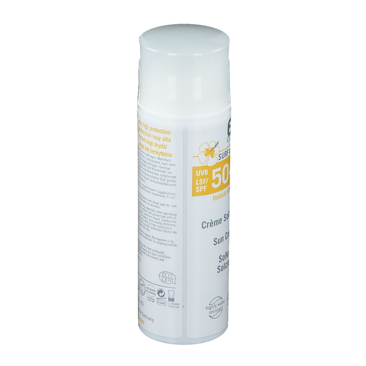 Weiße Sonnencreme-Flasche mit gelben Akzenten. Text: "eco cosmetics", "SPF 50+", "Crème Solaire".