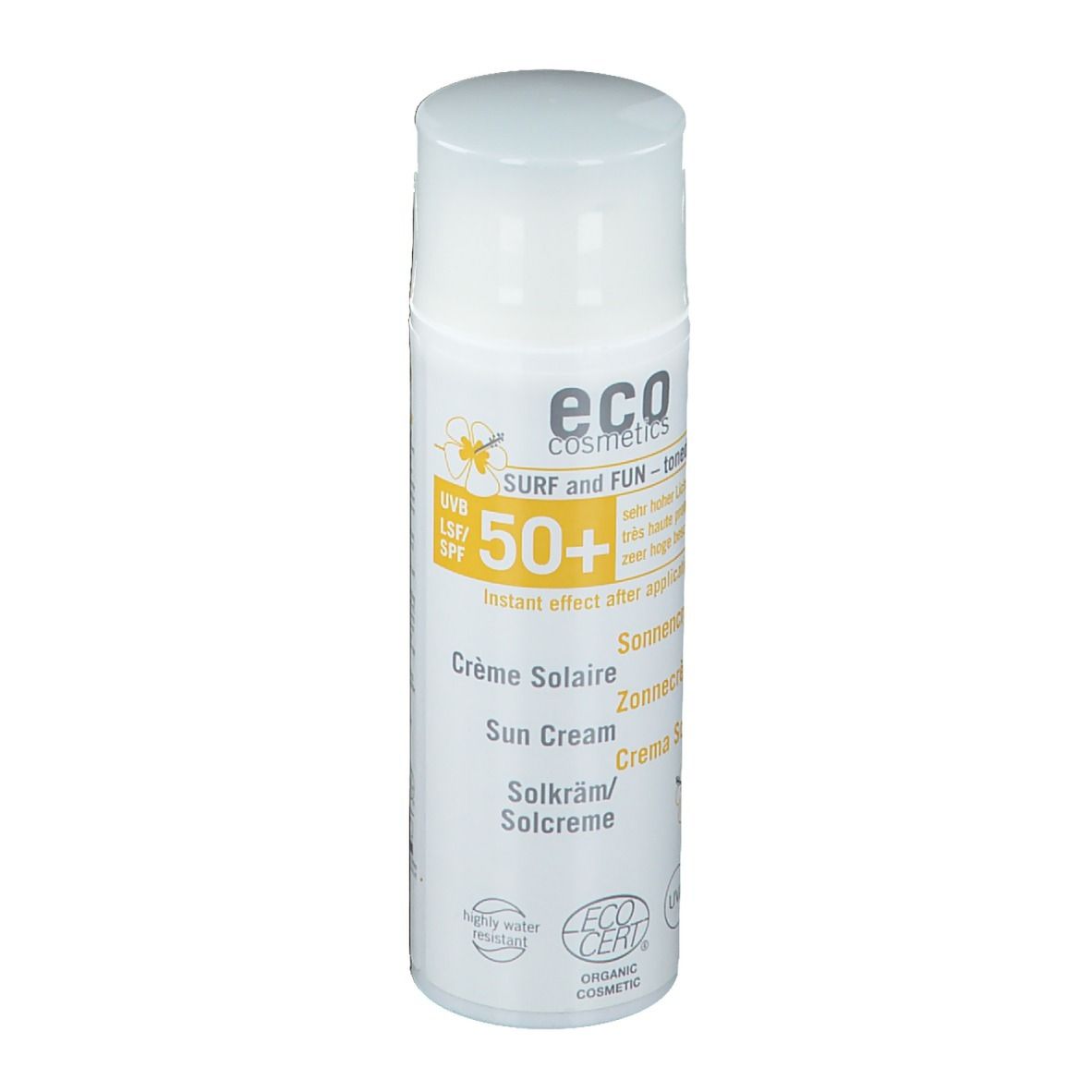 Weiße Sonnencreme-Flasche mit gelben Akzenten. Text: "eco cosmetics", "SPF 50+", "Crème Solaire".