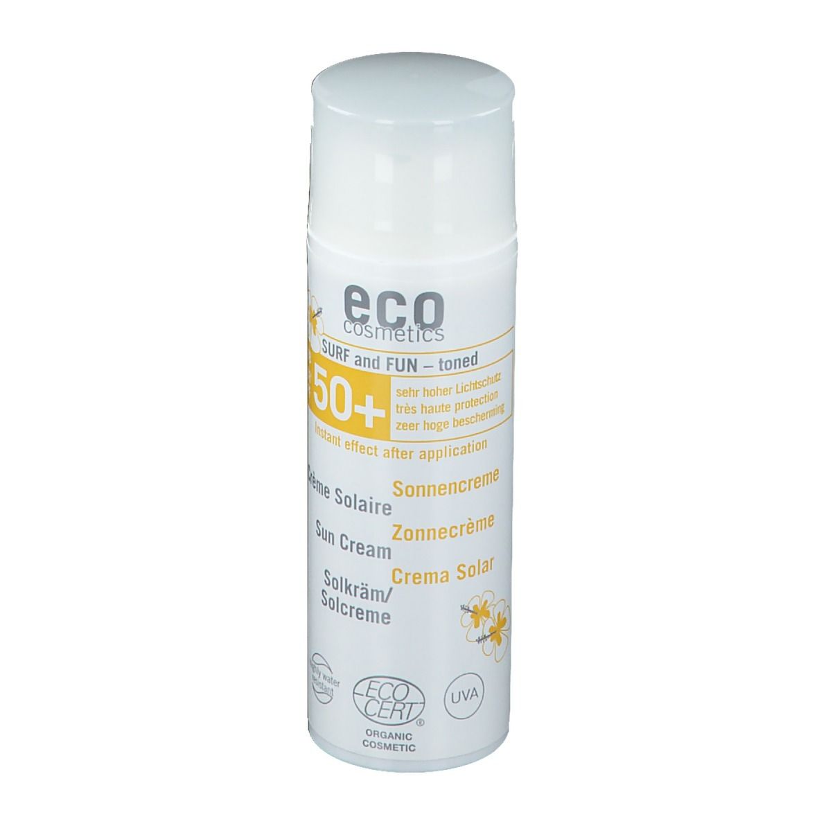 Weiße Sonnencreme-Flasche mit gelben Akzenten. Text: "eco cosmetics", "SPF 50+", "Crème Solaire".