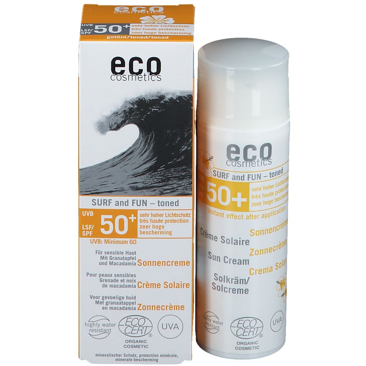 Sonnencreme-Flasche und Verpackung. Text: "eco cosmetics", "SPF 50+", "Crème Solaire", "UVA".