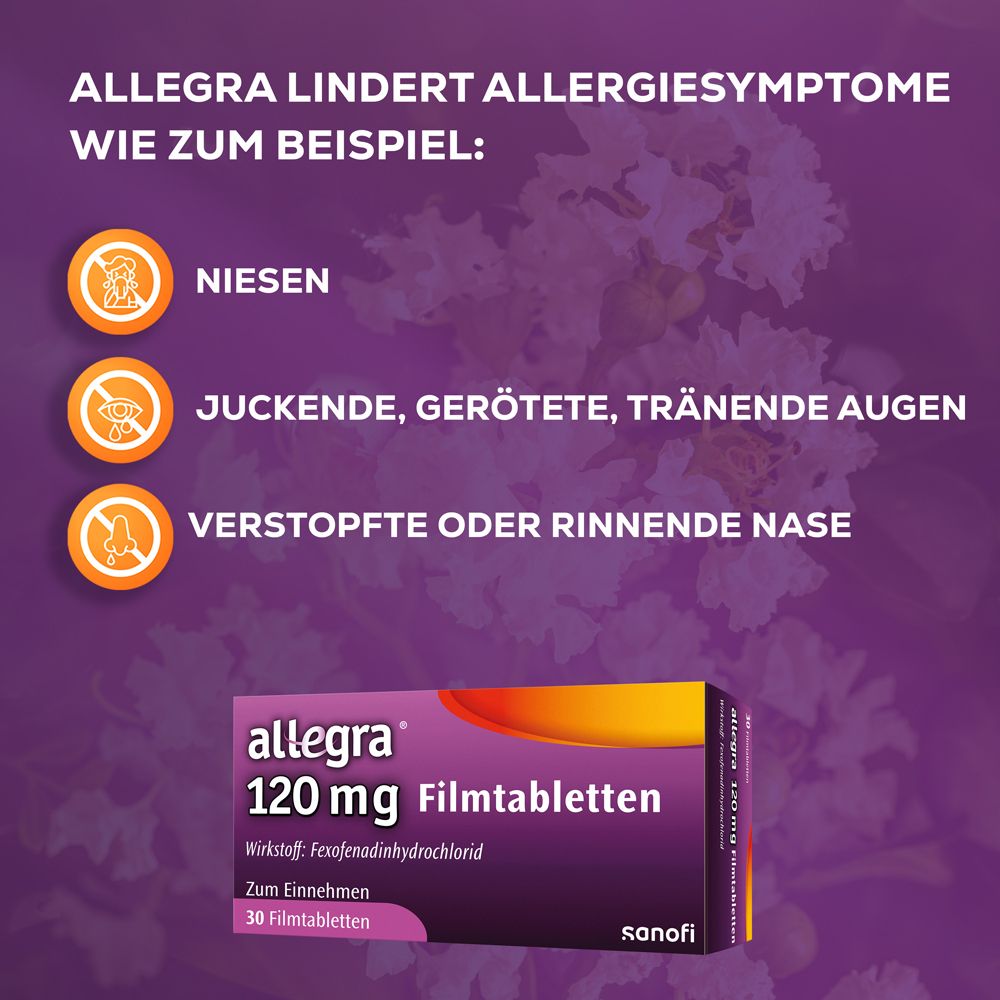 Text mit Allergiesymptomen: Niesen, juckende Augen, verstopfte Nase. Allegra 120mg Filmtabletten.