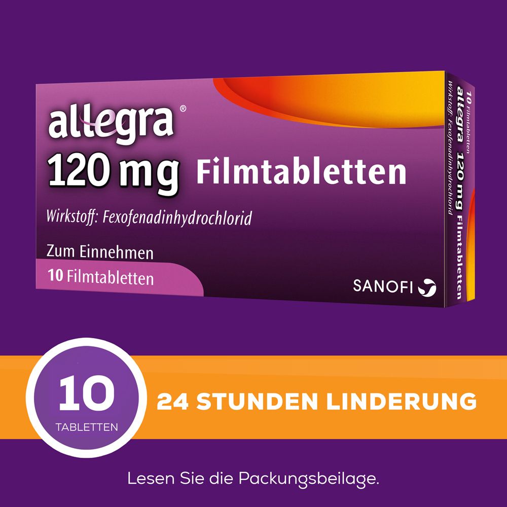 Allegra 120 mg Filmtabletten Packung. 10 Tabletten. 24 Stunden Linderung. Sanofi Logo.
