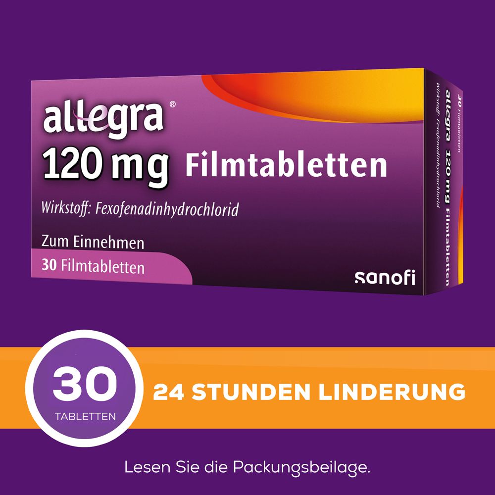 Allegra 120 mg Filmtabletten Packung. 30 Tabletten. 24 Stunden Linderung. Sanofi Logo.