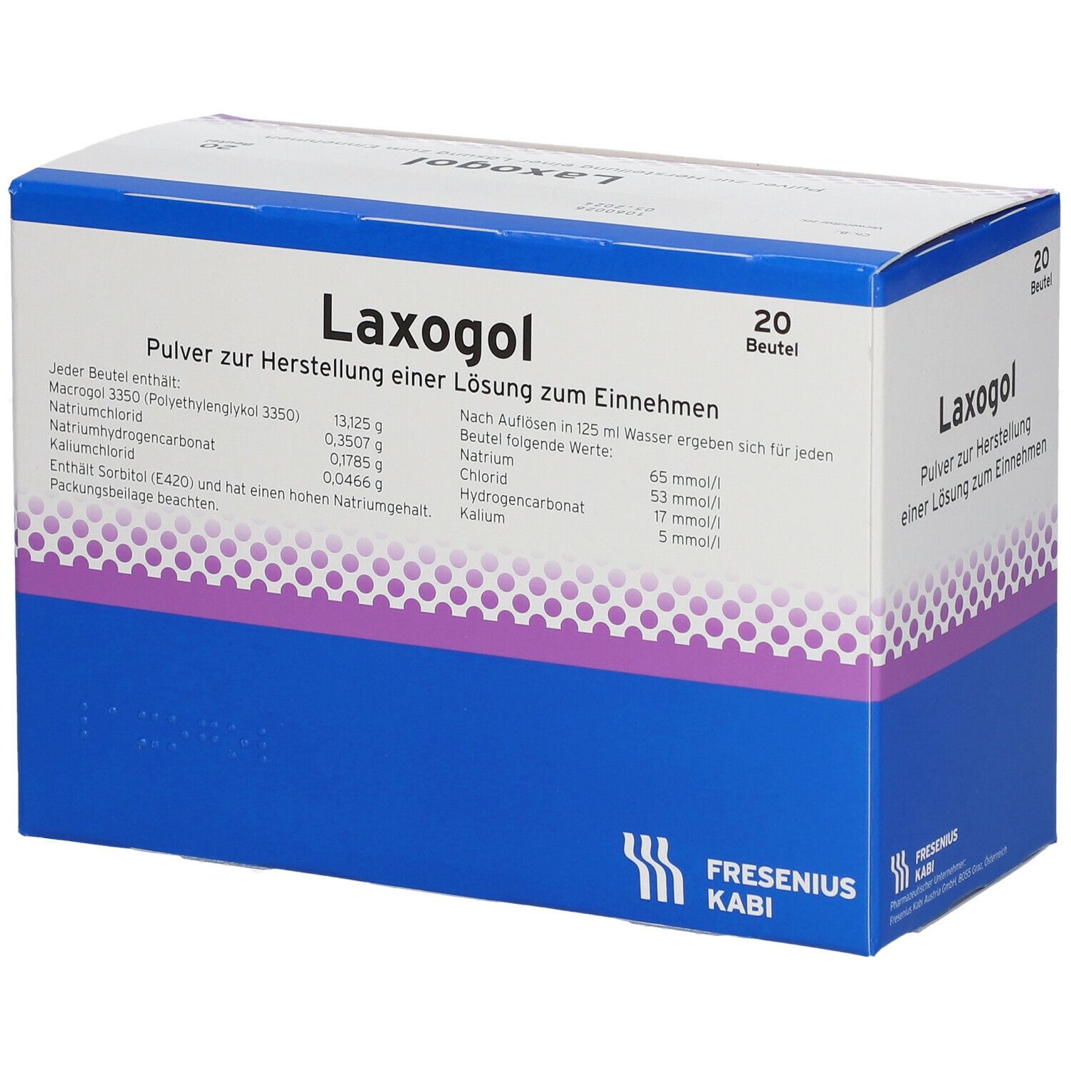 Karton mit Laxogol-Pulver. Aufschrift: 20 Beutel. Gegen Verstopfung. Fresenius Kabi Logo.