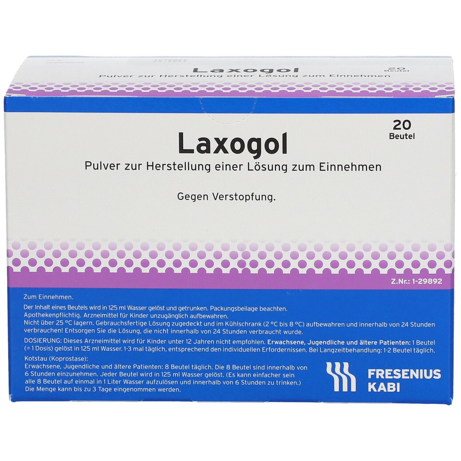 Karton mit Laxogol-Pulver. Aufschrift: 20 Beutel. Gegen Verstopfung. Fresenius Kabi Logo.