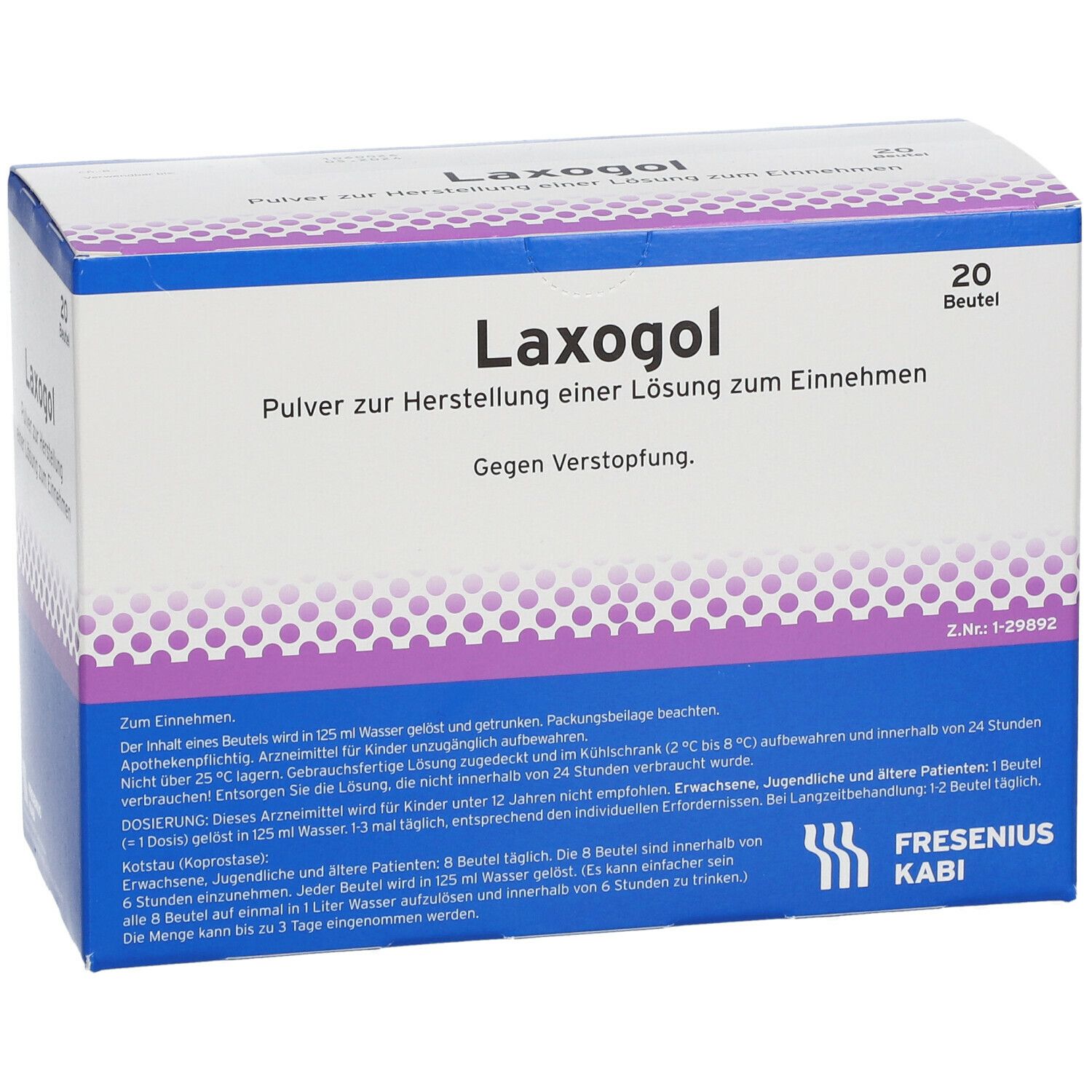 Karton mit Laxogol-Pulver. Aufschrift: 20 Beutel. Gegen Verstopfung. Fresenius Kabi Logo.