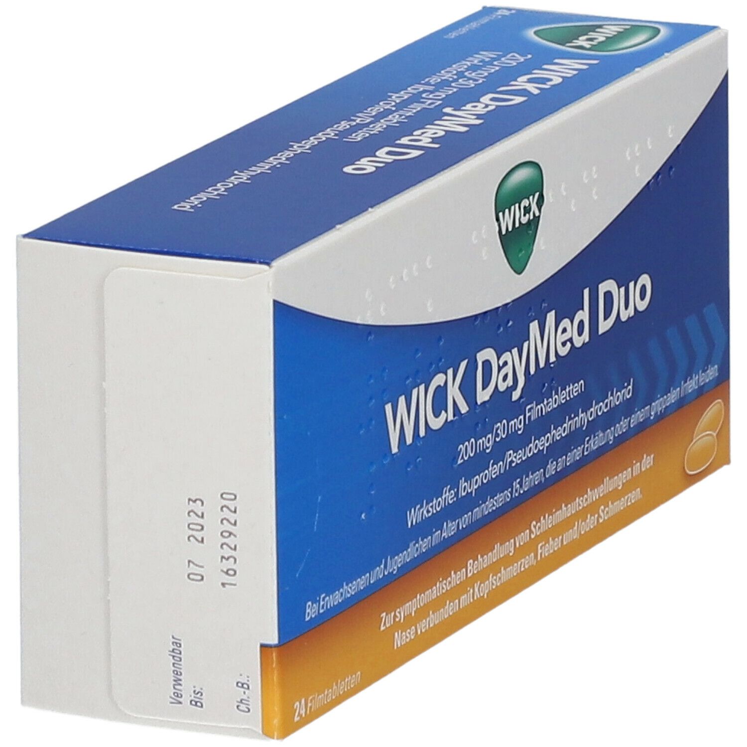 Schachtel "WICK DayMed Duo" in Schrägansicht. Blau-weiß. Logo: grünes WICK-Logo. Text: 200 mg/30 mg Filmtabletten. Enthält 24 Tabletten.