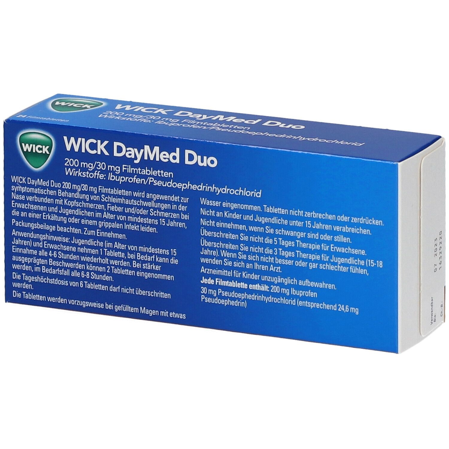 Schachtel "WICK DayMed Duo". Blau-weiß. Logo: grünes WICK-Logo. Text: 200 mg/30 mg Filmtabletten. Enthält 24 Tabletten. Rückseite mit Text.
