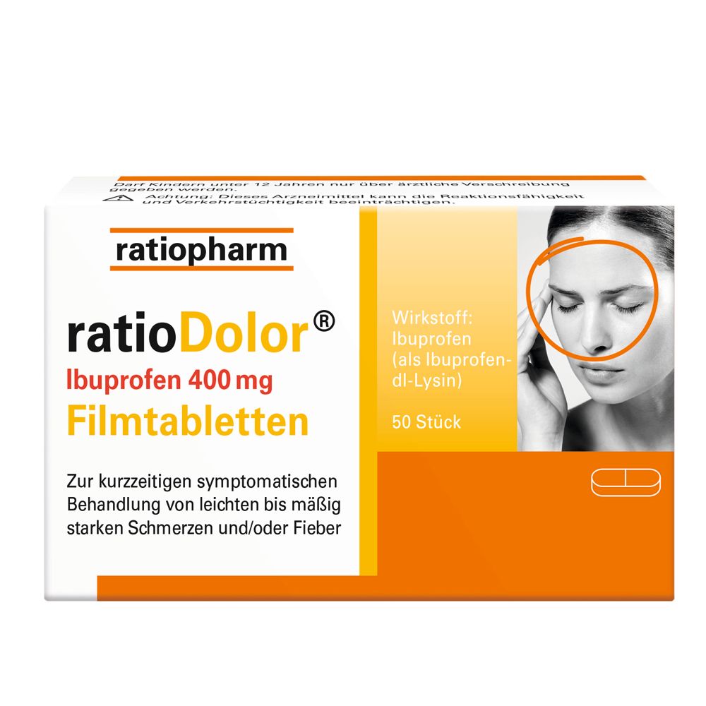 Packung ratioDolor Ibuprofen 400 mg Filmtabletten. Enthält 50 Tabletten. Aufdruck mit Produktinformationen und Frau mit Kopfschmerzen.