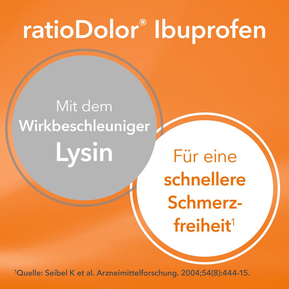 Kreisförmige Grafiken mit Text: 'Mit dem Wirkbeschleuniger Lysin' und 'Für eine schnellere Schmerzfreiheit'. Hintergrund orange.