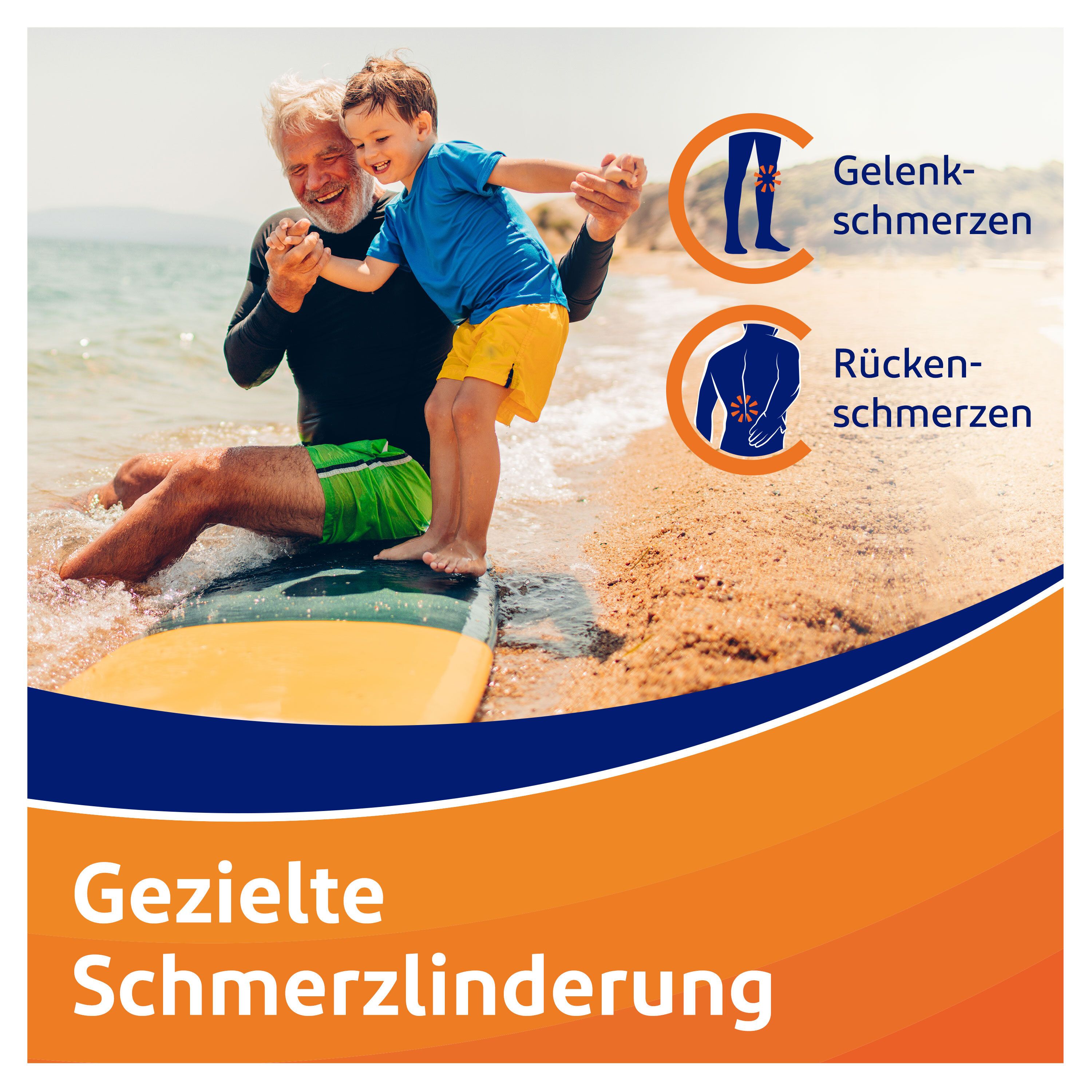 Homme et enfant sur la plage. Texte: Soulagement ciblé de la douleur. Graphiques: douleurs articulaires et dorsales.