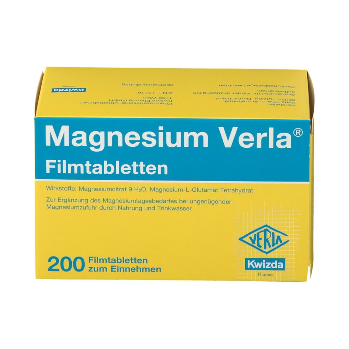 Gelbe Schachtel mit blauer Schrift. Aufschrift: Magnesium Verla® Filmtabletten. Enthält 200 Tabletten. Marke: Kwizda.