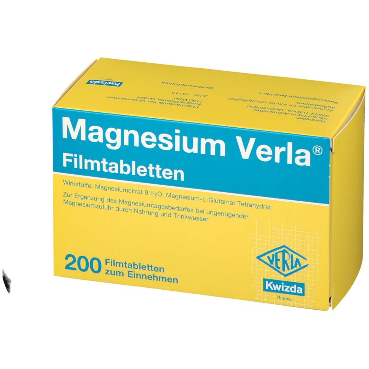 Gelbe Schachtel mit blauer Schrift. Aufschrift: Magnesium Verla® Filmtabletten. Enthält 200 Tabletten. Marke: Kwizda.