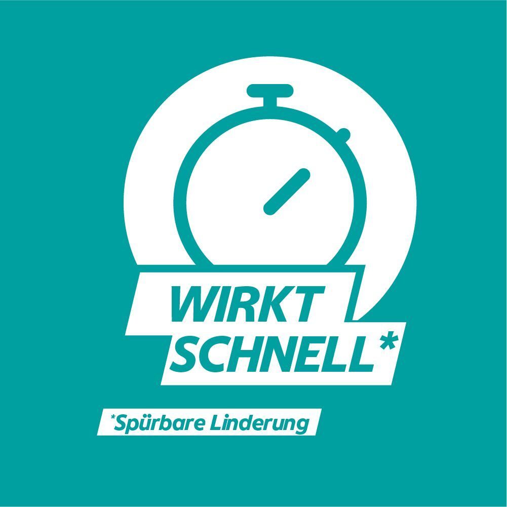 Stoppuhr-Symbol. Text: Wirkt schnell*. *Spürbare Linderung. Türkisfarbener Hintergrund.