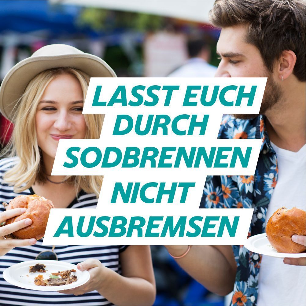 Zwei Personen mit Essen. Text: Lasst euch durch Sodbrennen nicht ausbremsen.