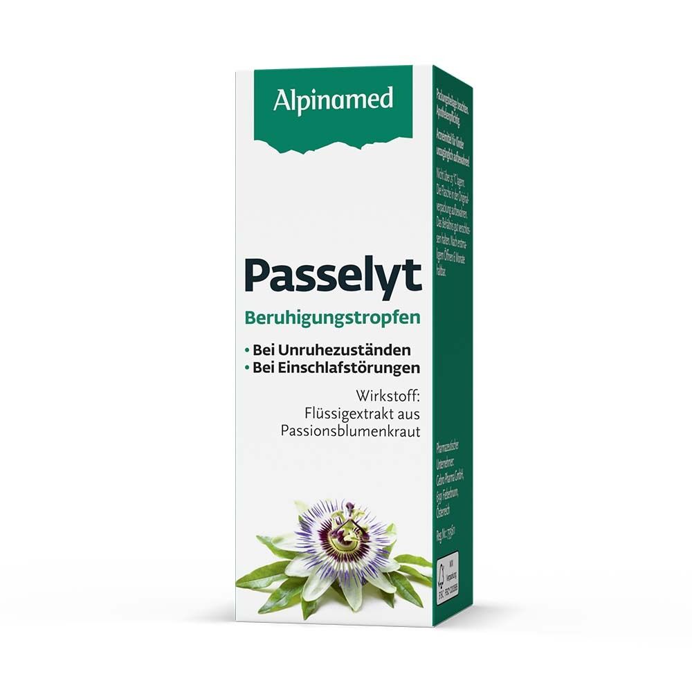 Weiße Schachtel mit grünen Akzenten. Aufschrift: Alpinamed Passelyt Beruhigungstropfen. Enthält Passionsblumenkraut.
