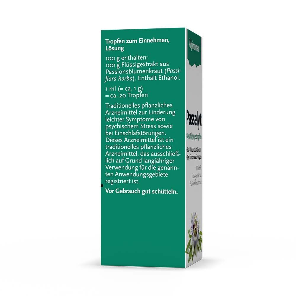 Grüne Schachtel. Text: Tropfen zum Einnehmen. Enthält 100g Flüssigextrakt aus Passionsblumenkraut.
