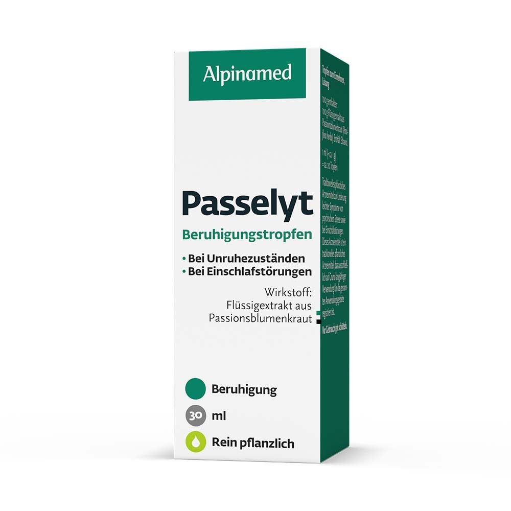 Weiße Schachtel mit grünen Akzenten. Aufschrift: Alpinamed Passelyt Beruhigungstropfen. 30 ml.