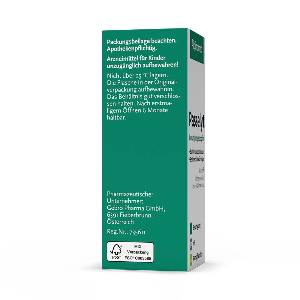 Grüne Schachtel. Text: Apothekenpflichtig. Pharmazeutischer Unternehmer: Gebro Pharma. FSC-Siegel.