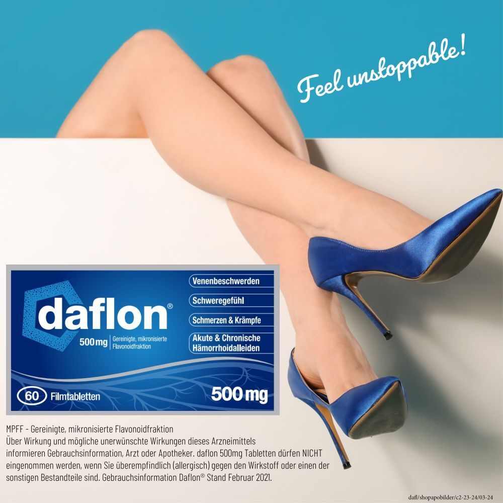 Werbebild mit Daflon 500 mg Packung und Beinen in blauen Schuhen. Text: Feel unstoppable! Aufschrift: Venenbeschwerden, Schweregefühl.