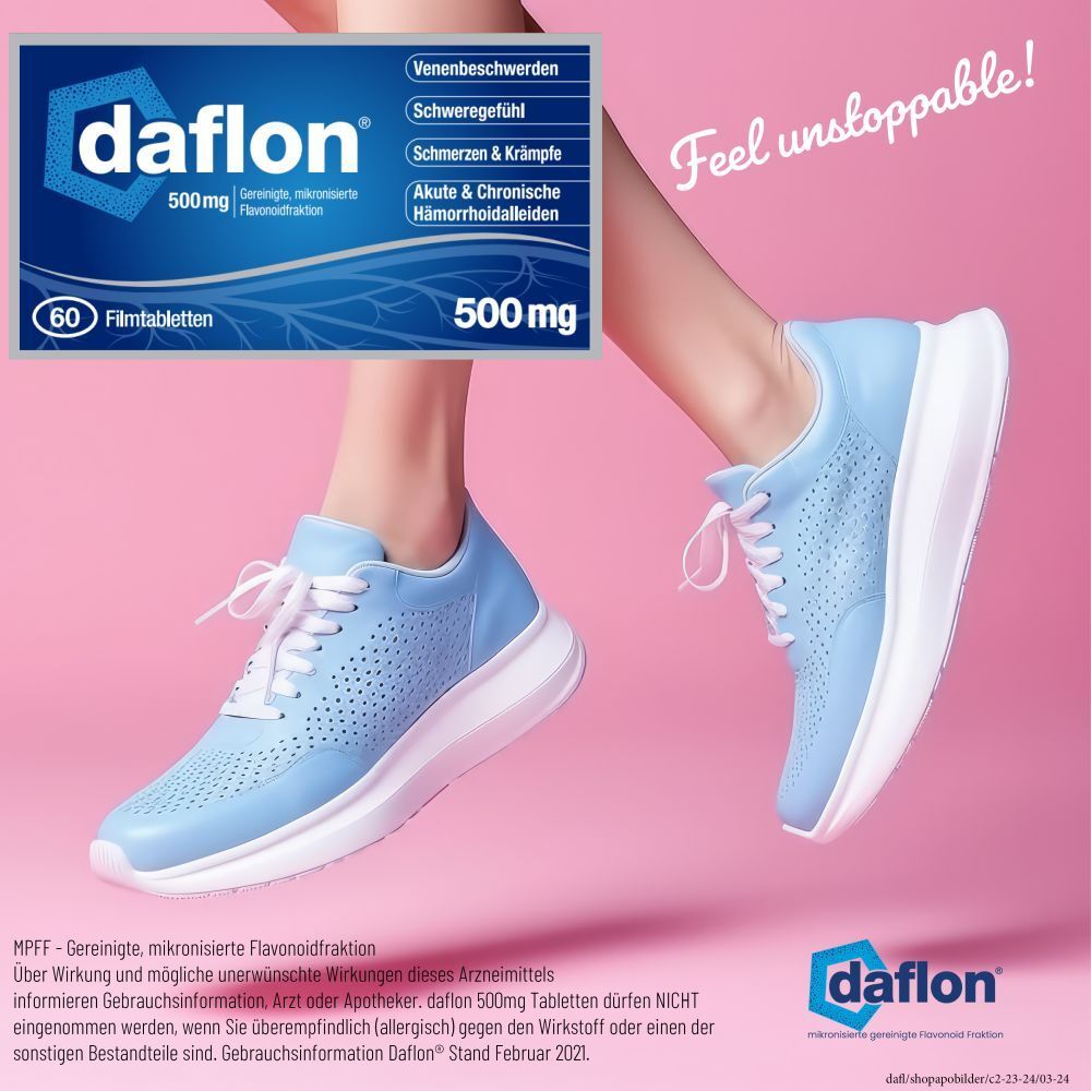 Werbebild mit Daflon 500 mg Packung und Beinen in blauen Schuhen. Text: Feel unstoppable! Aufschrift: Venenbeschwerden, Schweregefühl.