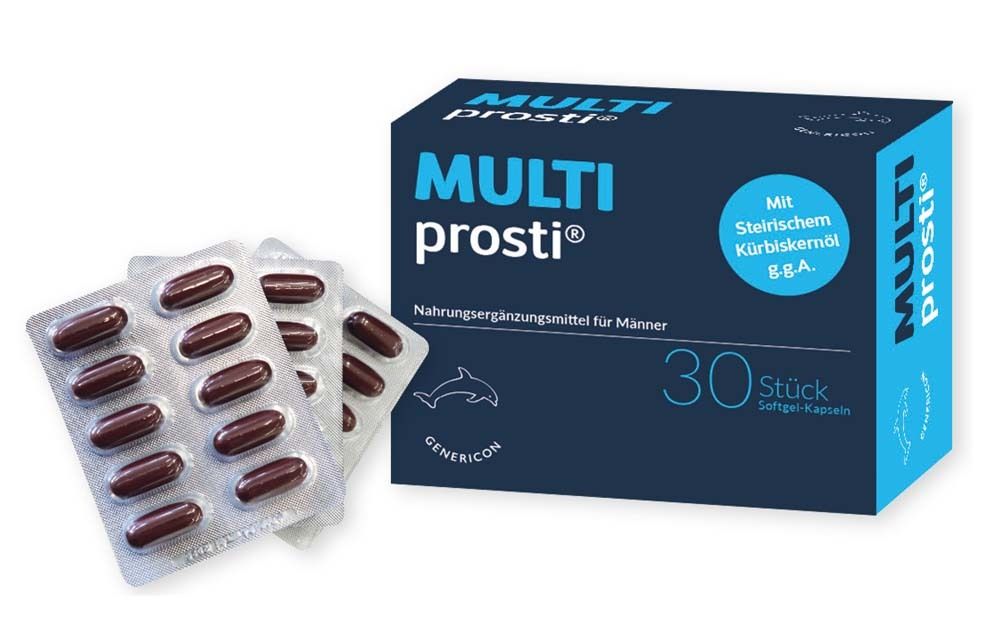 Verpackung mit MULTIprosti® Kapseln und Blisterpackungen. Blaue Schachtel mit Schriftzug und 30 Stück. Kapseln in Blistern.