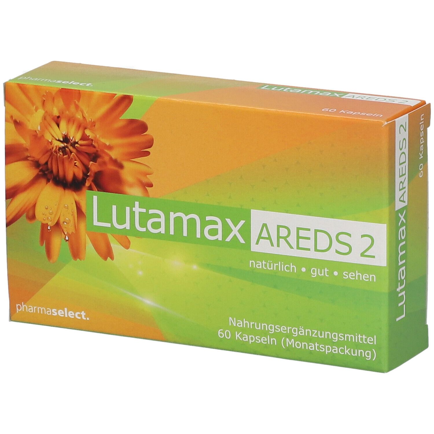 Verpackung von Lutamax AREDS 2. Orange-grünes Design mit floralem Motiv und Produktinformationen.