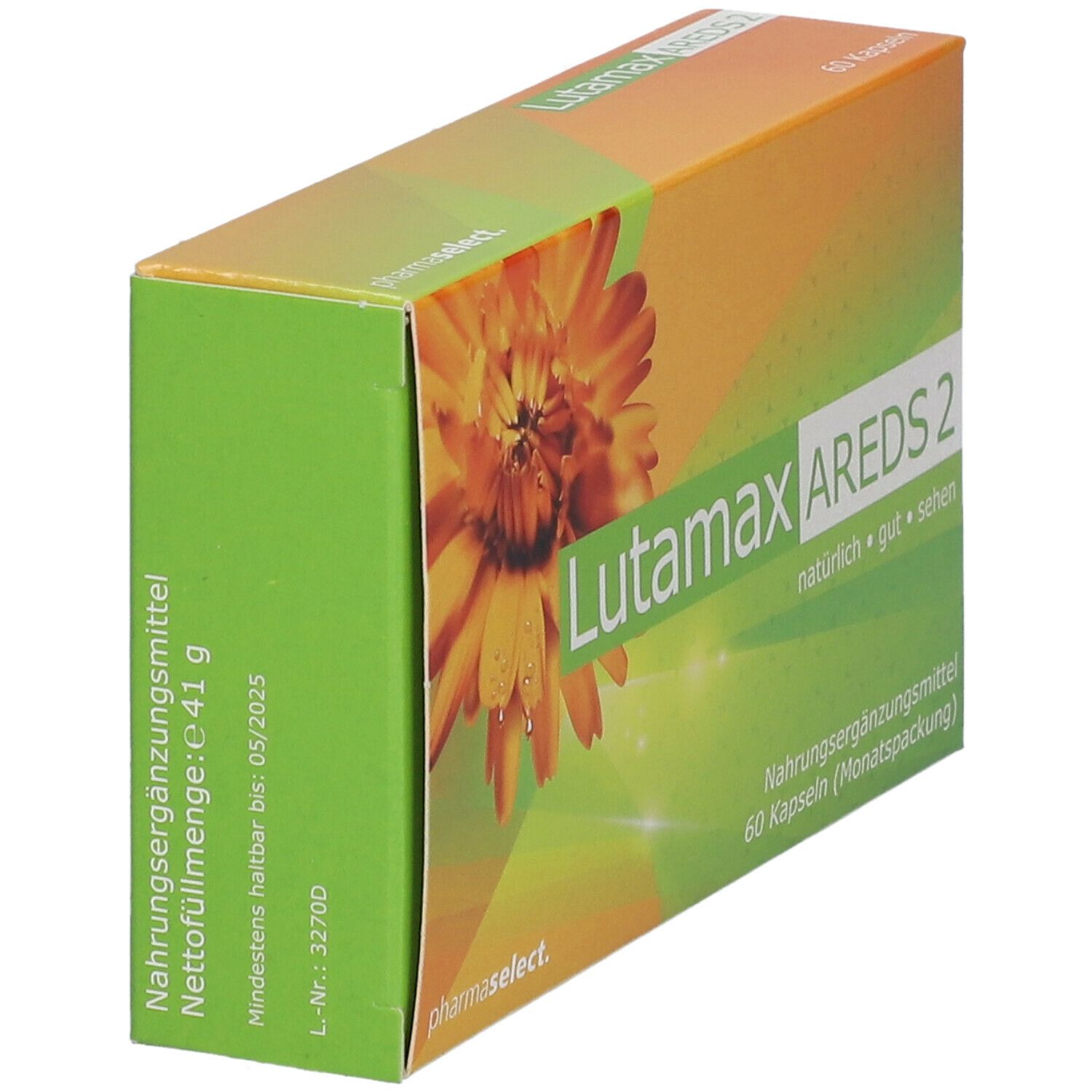 Seitenansicht der Lutamax AREDS 2 Verpackung. Grün mit Produktinformationen und Haltbarkeitsdatum.