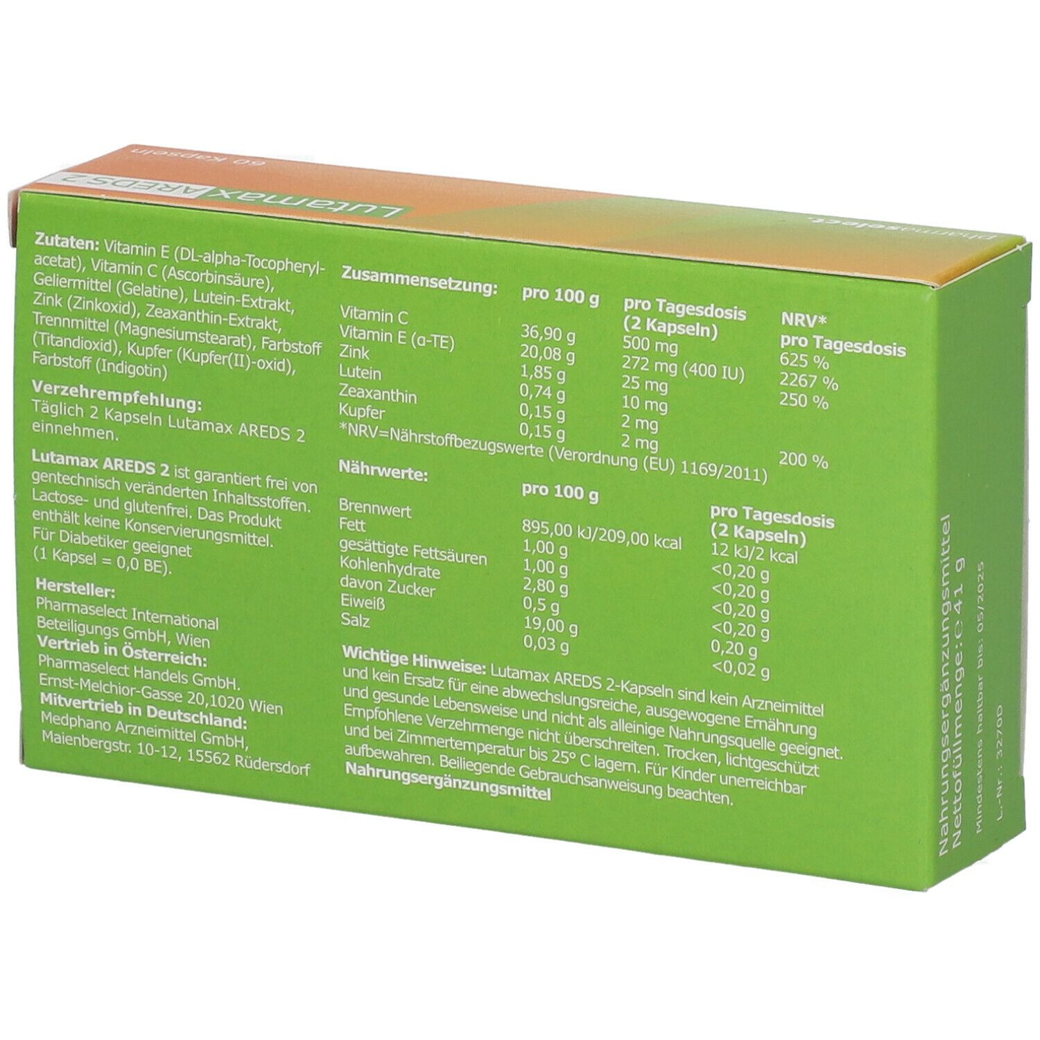 Rückseite der Lutamax AREDS 2 Verpackung. Enthält Nährwertangaben und Herstellerinformationen.