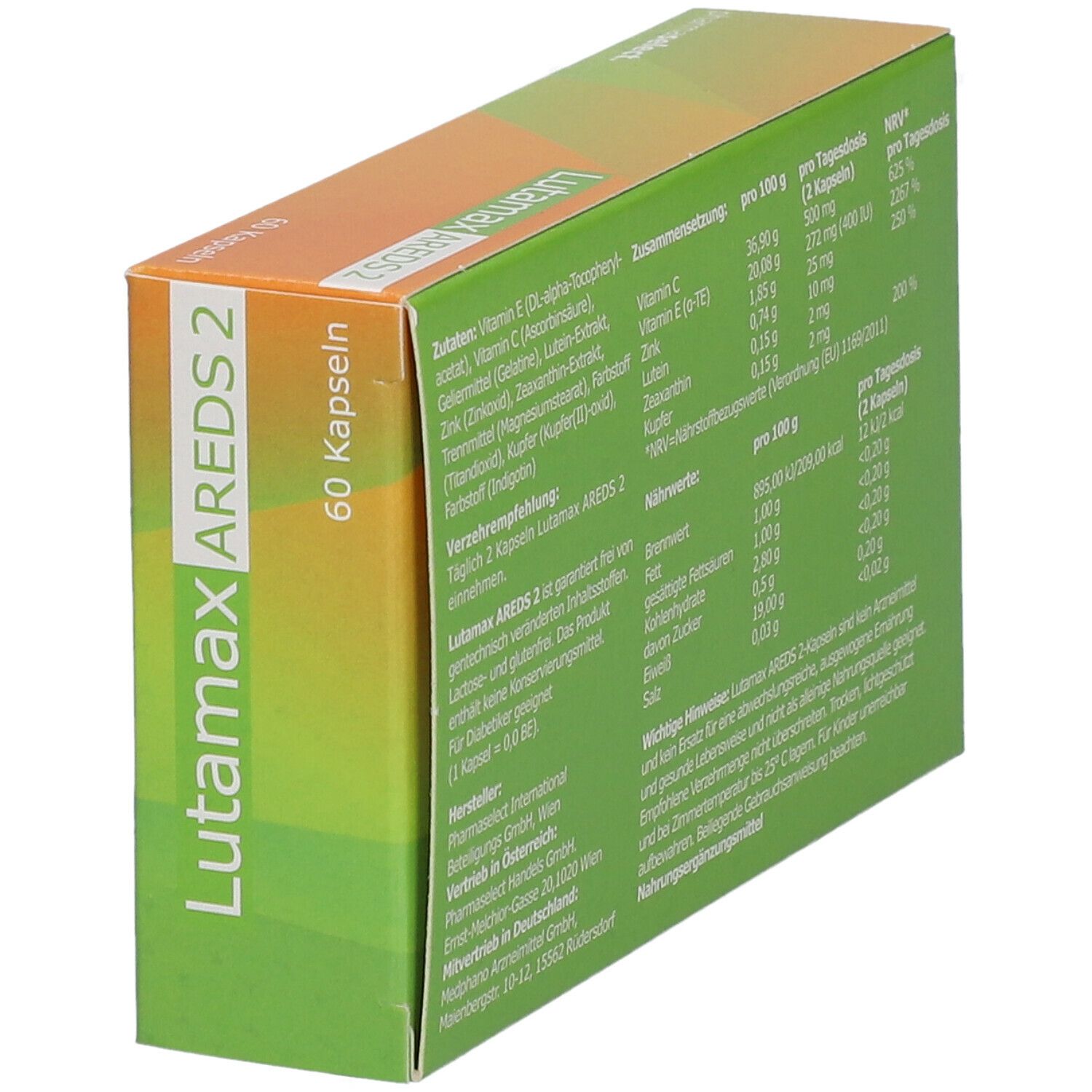 Rückseite der Lutamax AREDS 2 Verpackung. Enthält Nährwertangaben und Herstellerinformationen.