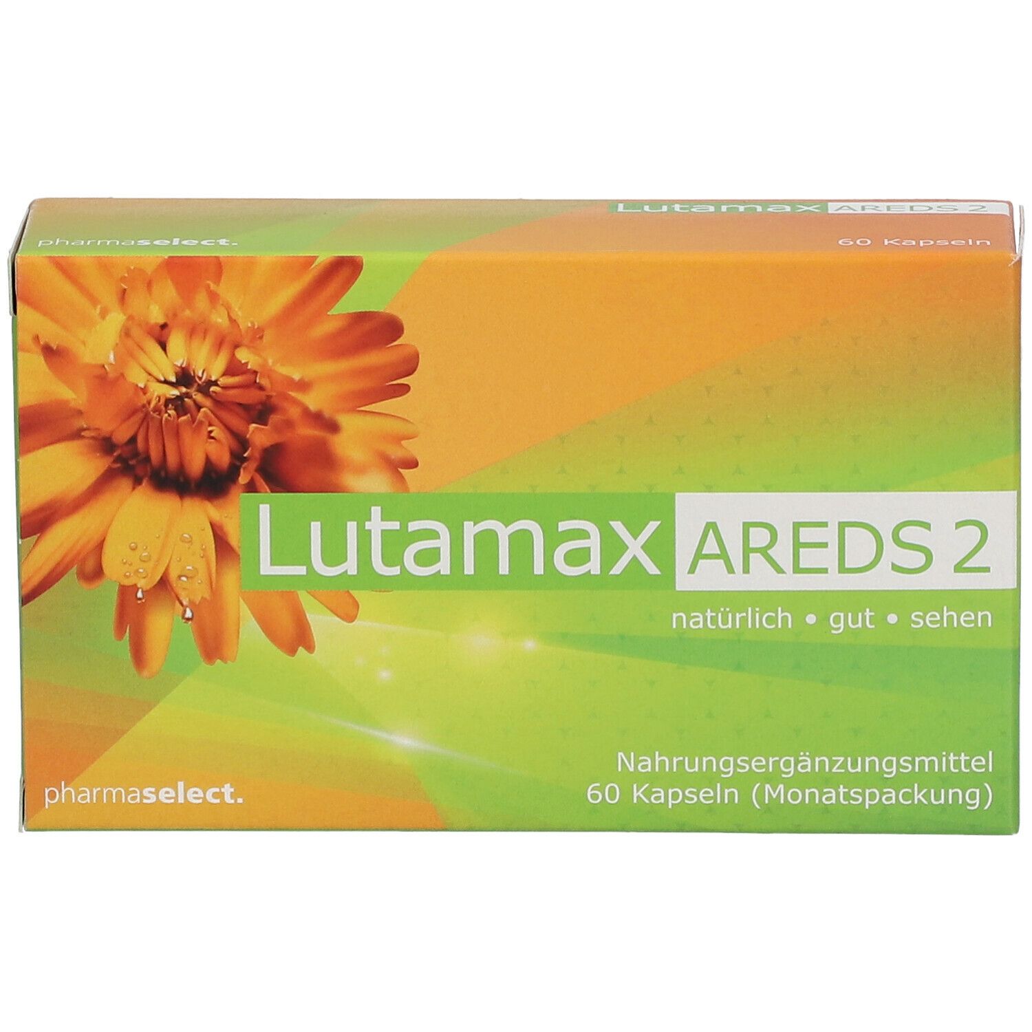 Vorderansicht der Lutamax AREDS 2 Verpackung. Orange-grünes Design mit Produktnamen und Logo.