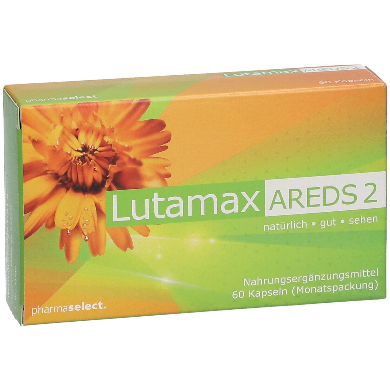 Vorderansicht der Lutamax AREDS 2 Verpackung. Orange-grünes Design mit Produktnamen und Logo.