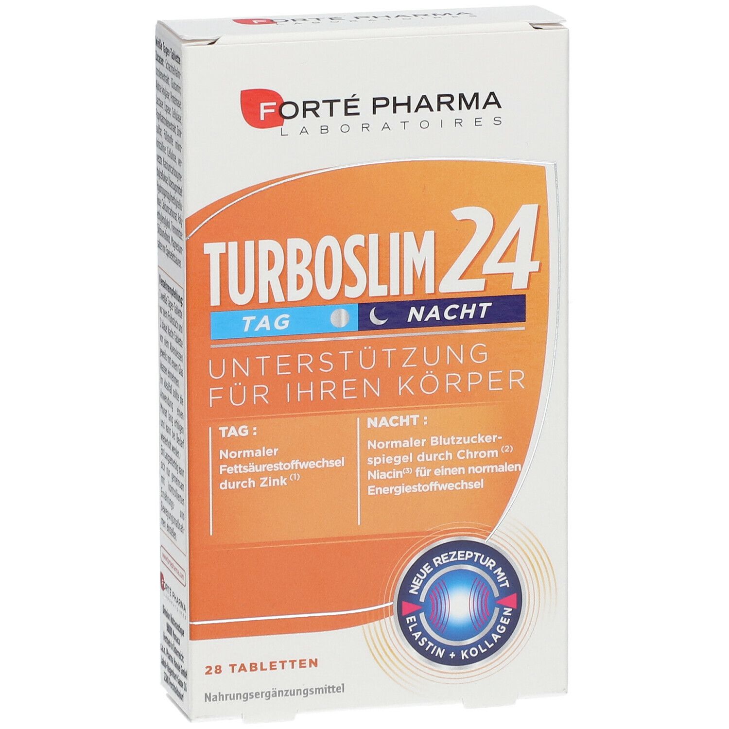 Tabletten-Packung. "Turboslim 24"-Logo. Text: "Tag", "Nacht", "Unterstützung für Ihren Körper". 28 Tabletten. Orange-weißes Design.