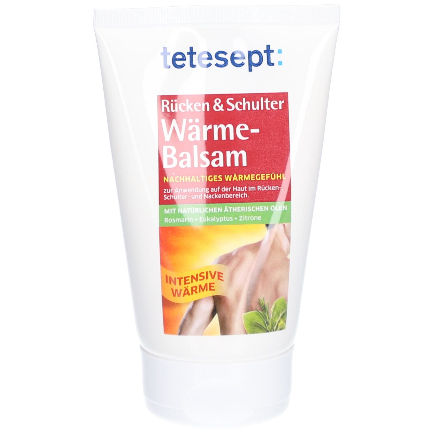 Weiß-rote Tube mit Produktnamen und Illustration. Text: Rücken & Schulter Wärme-Balsam. Marke: tetesept.